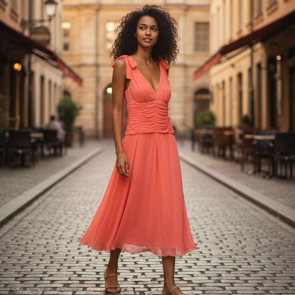 Elegant Coral Midi Dress with Ruched Bodice